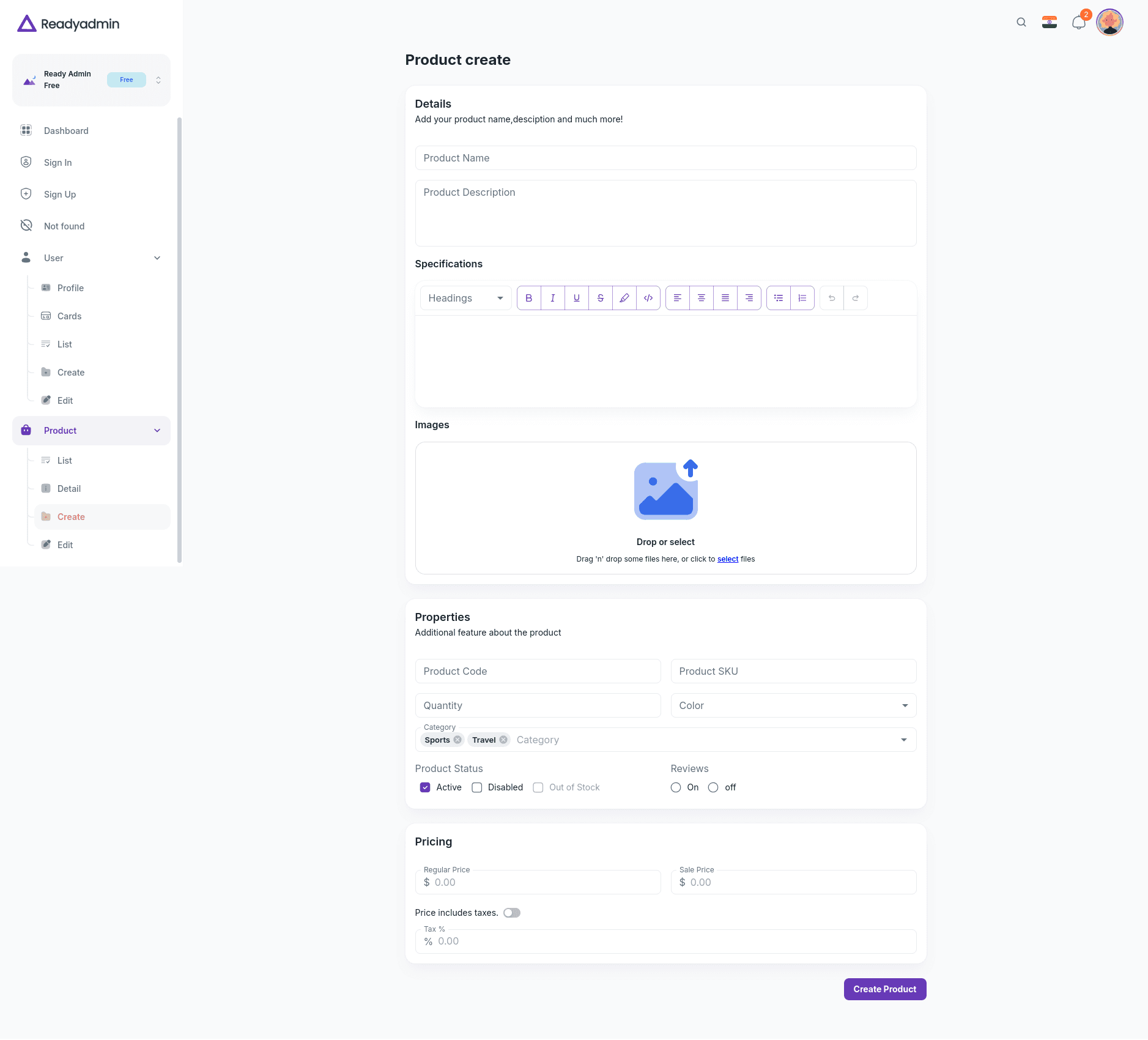 Product Create Ready Admin