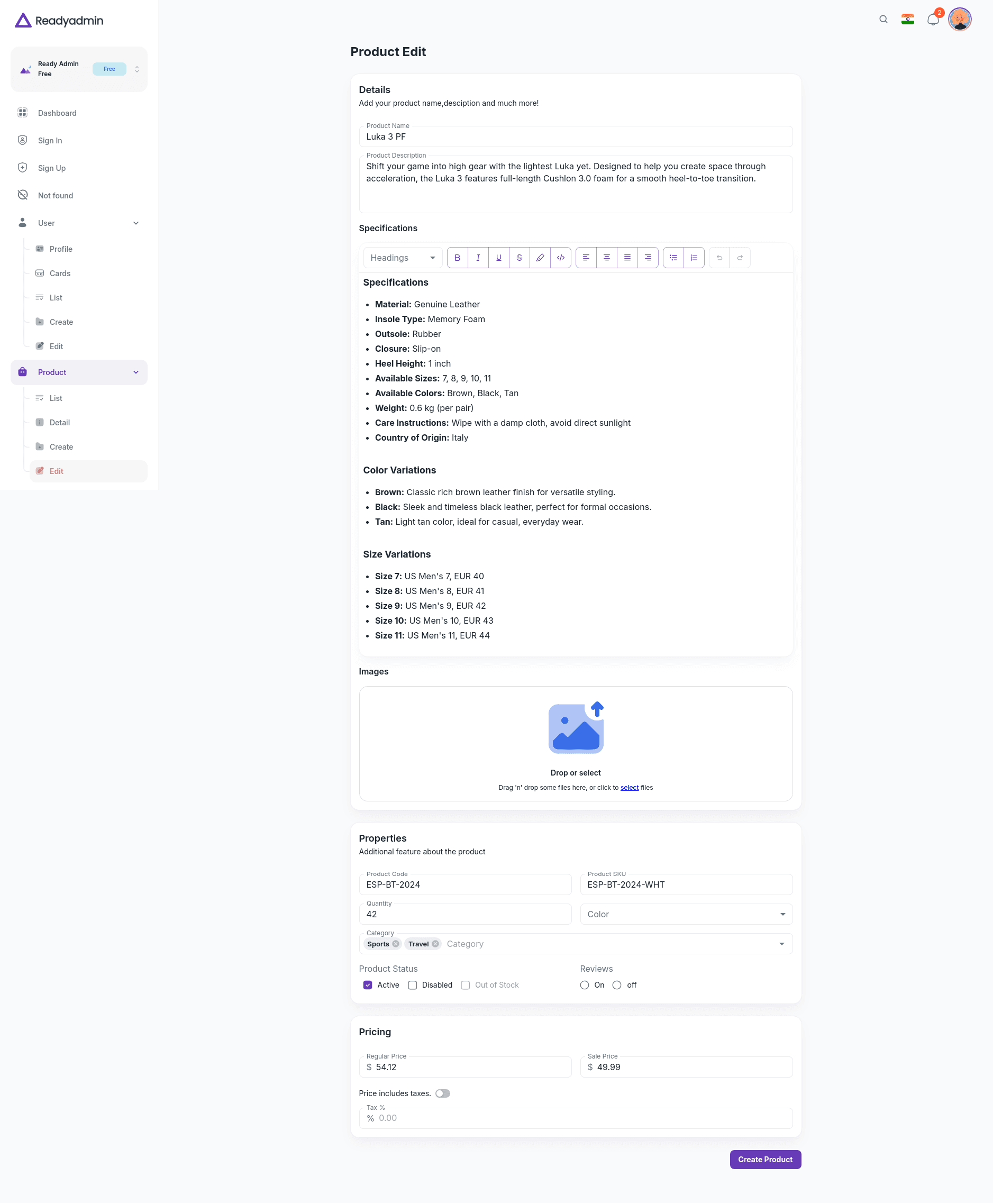 Product Edit Ready Admin