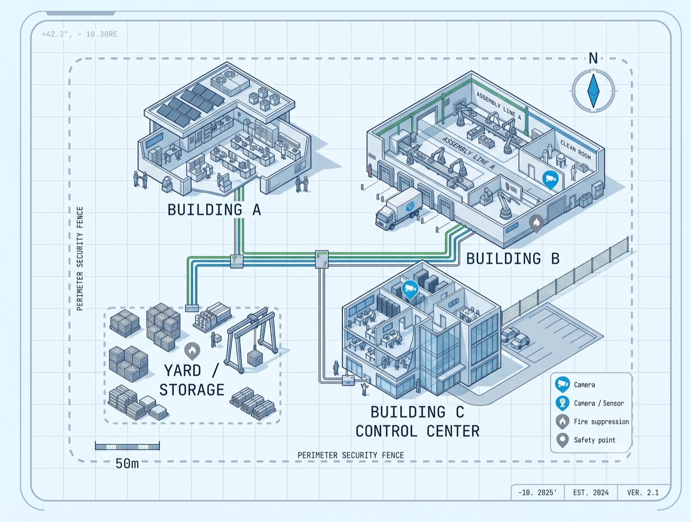 Isometric site plan showing Building A, Building B, Building C control center, and yard/storage — tagged sensor points across each zone