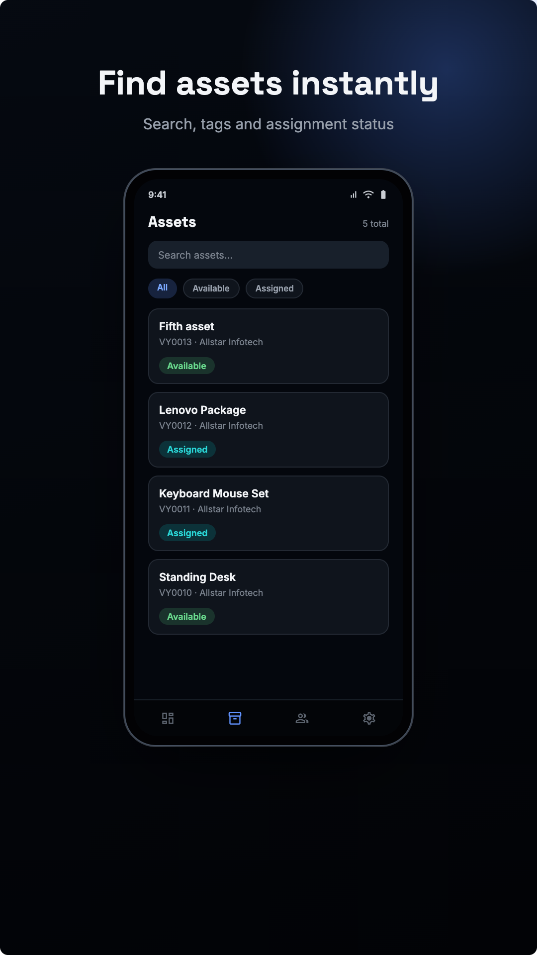 Asseto mobile app — searchable asset list with assignment status