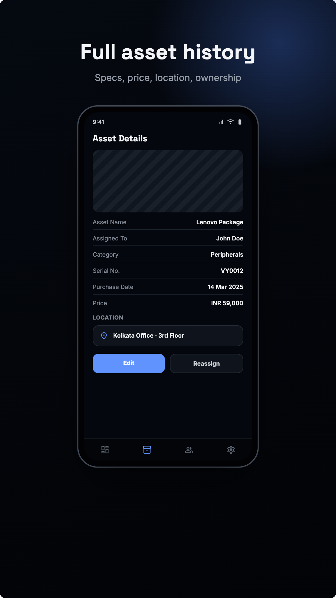 Asseto mobile app — full asset detail view with specs, price, and location