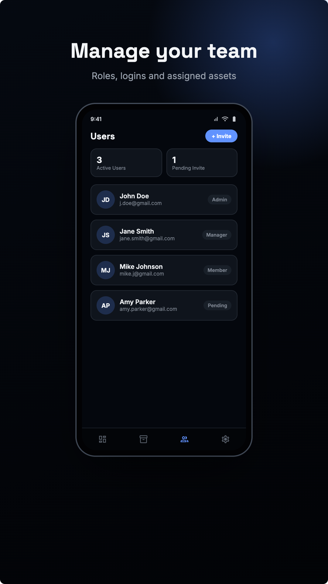 Asseto mobile app — team management with roles and pending invites